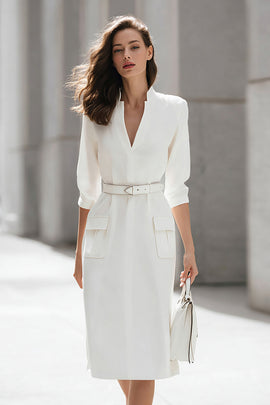 Ivory V-Neck Pencil 3/4 Sleeves Midi Work Dress with Belt