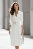 Ivory V-Neck Pencil 3/4 Sleeves Midi Work Dress with Belt