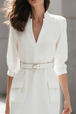 Ivory V-Neck Pencil 3/4 Sleeves Midi Work Dress with Belt