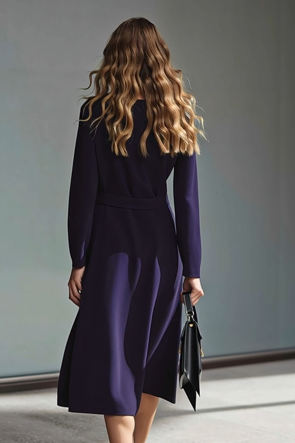 Dark Purple Long Sleeves Pencil Midi Work Dress with Buttons