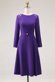 Dark Purple Long Sleeves Midi Work Dress with Buttons