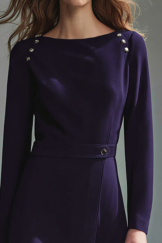 Dark Purple Long Sleeves Pencil Midi Work Dress with Buttons