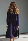 Dark Purple Long Sleeves Pencil Midi Work Dress with Buttons