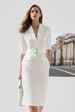 Ivory Pencil Half Sleeves V-Neck Midi Work Dress with Belt
