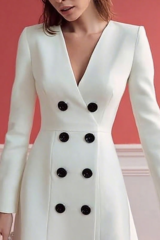Ivory V-Neck A Line Double Breasted Midi Work Dress with Sleeves