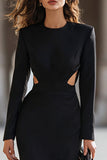Black Pencil Cut Out Long Sleeves Midi Work Dress with Slit