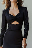Black Keyhole Pencil Long Sleeves Midi Work Dress with Slit