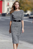 Black and White Tweed Pencil Half Sleeves Midi Plaid Work Dress with Belt