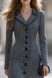 Dark Grey Tweed A Line Midi Work Dress with Sleeves