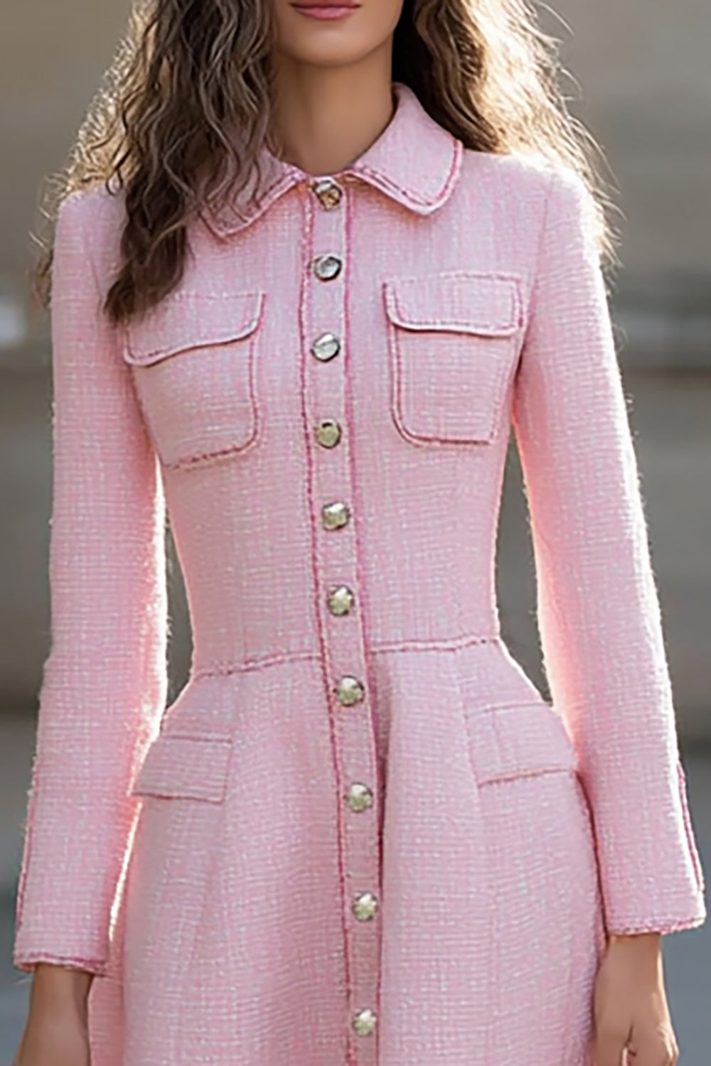 Pink Collar Neck Long Sleeves A Line Tweed Midi Work Dress