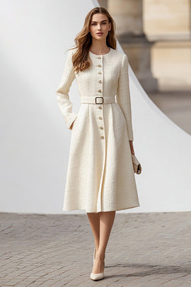 Ivory Long Sleeves A Line Tweed Midi Work Dress with Belt