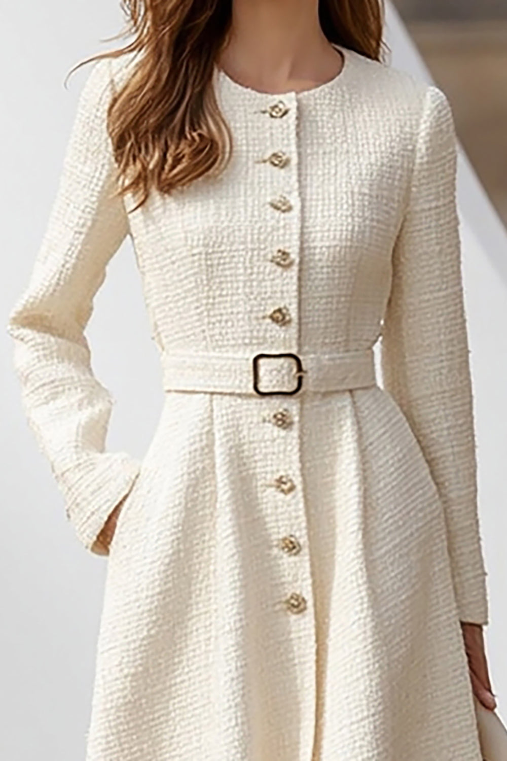 Ivory Long Sleeves A Line Tweed Midi Work Dress with Belt
