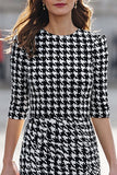 Black and White Pencil Half Sleeves Tweed Plaid Midi Work Dress