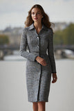 Dark Grey Tweed Pencil Collar Neck Short Work Dress with Sleeves