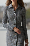 Dark Grey Tweed Pencil Collar Neck Short Work Dress with Sleeves