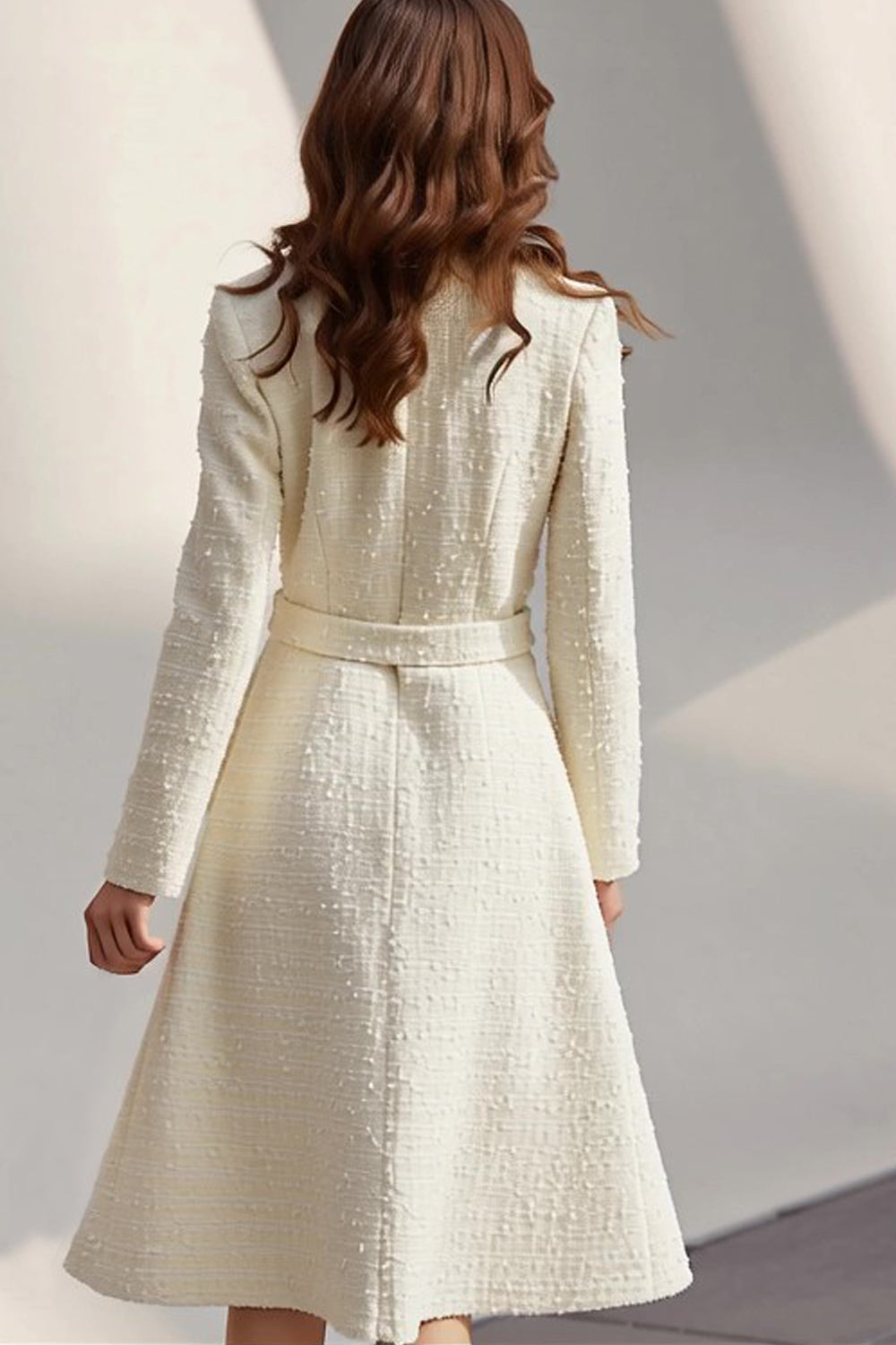 Ivory Long Sleeves Round Neck Tweed Midi Work Dress with Belt