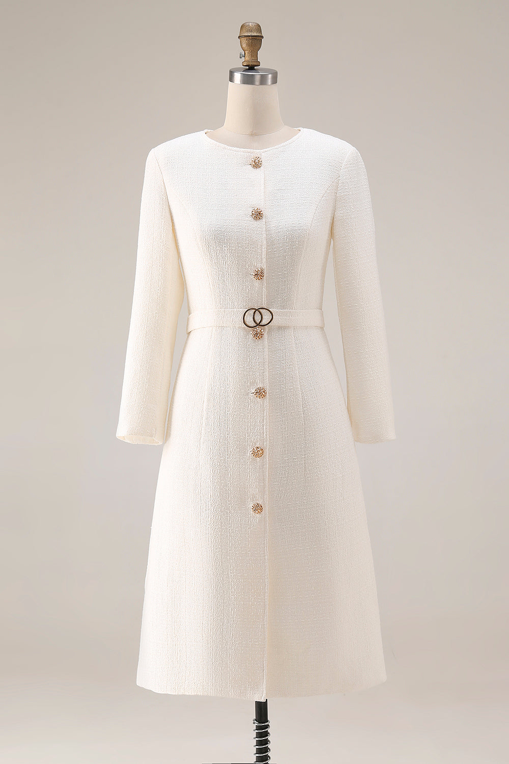 Ivory Long Sleeves Round Neck Tweed Midi Work Dress with Belt