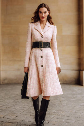 Pink Notched Lapel Long Sleeves Tweed Midi Work Dress with Belt