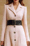 Pink Notched Lapel Long Sleeves Tweed Midi Work Dress with Belt