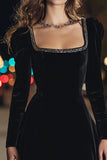 Sparkly Black Velvet Tight Square Neck Short Holiday Party Dress with Beading