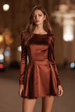 Coffee A Line Satin Boat Neck Short Cocktail Dress with Sleeves