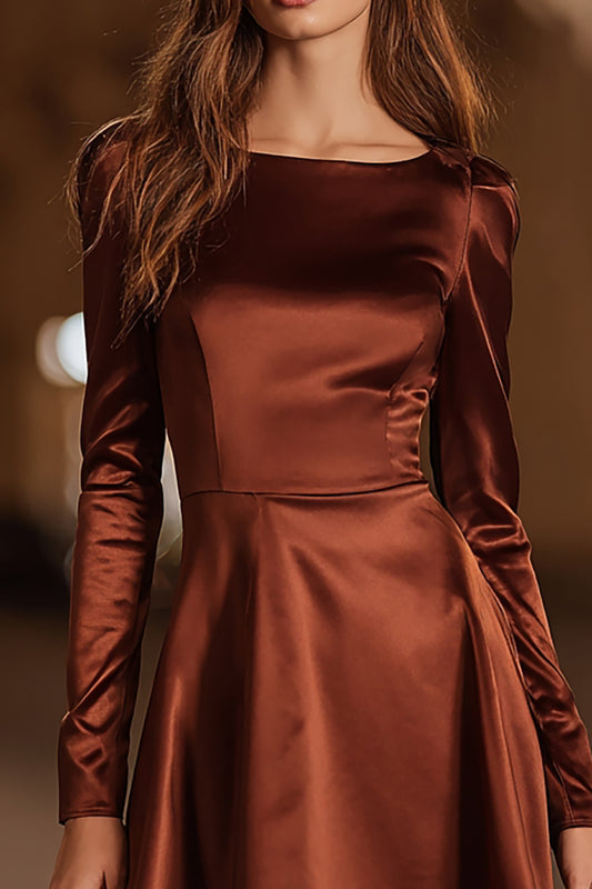 Coffee A Line Satin Boat Neck Short Cocktail Dress with Sleeves