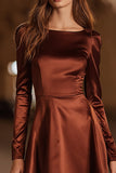 Coffee A Line Satin Boat Neck Short Cocktail Dress with Sleeves