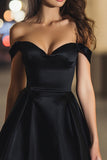 Black Satin Off the Shoulder A Line Short Cocktail Dress