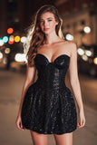 Sparkly Black A Line Sequin Sweetheart Short Cocktail Dress