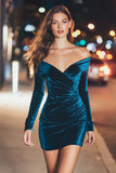 Peacock Blue Off the Shoulder Velvet Short Holiday Party Dress
