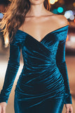 Peacock Blue Off the Shoulder Velvet Short Holiday Party Dress