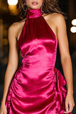 Fuchsia Tight Satin High Neck Short Cocktail Dress with Ruffles