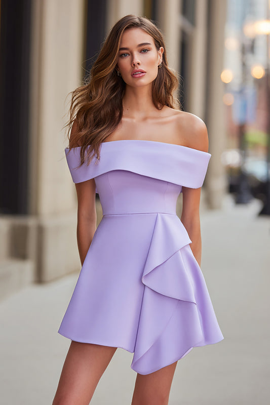 Lilac A Line Satin Off the Shoulder Short Cocktail Dress with Ruffles
