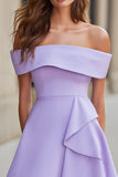 Lilac A Line Satin Off the Shoulder Short Cocktail Dress with Ruffles