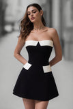 Black and White A Line Strapless Satin Short Cocktail Dress