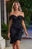 Sparkly Black Satin Tight Short Beaded Cocktail Dress with Ruffles