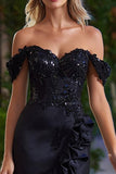 Sparkly Black Satin Tight Short Beaded Cocktail Dress with Ruffles