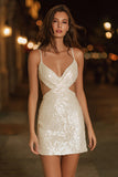 Sparkly Ivory Sequins Cut Out Spaghetti Straps Short Cocktail Dress
