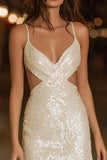 Sparkly Ivory Sequins Cut Out Spaghetti Straps Short Cocktail Dress
