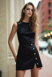 Black Satin Crew Neck A Line Short Cocktail Dress with Slit
