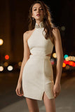 Ivory Tight Cut Out High Neck Short Cocktail Dress with Slit