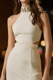 Ivory Tight Cut Out High Neck Short Cocktail Dress with Slit