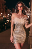 Sparkly Gold Strapless Tight Sequins Short Cocktail Dress with Feathers