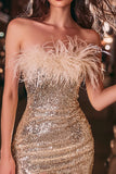 Sparkly Gold Strapless Tight Sequins Short Cocktail Dress with Feathers
