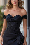 Black Satin Tight Short Appliqued Cocktail Dress with Ruffles