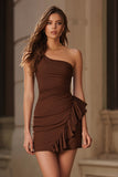 Coffee Satin One Shoulder Short Tight Cocktail Dress with Ruffles