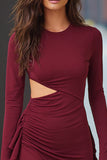 Burgundy Satin Cut Out Tight Short Cocktail Dress with Sleeves