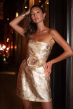 Sparkly Champagne Jacquard Tight Short Cocktail Dress with 3D Flower