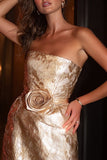Sparkly Champagne Jacquard Tight Short Cocktail Dress with 3D Flower