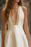 Simple Ivory Deep V-Neck A Line Short Cocktail Dress